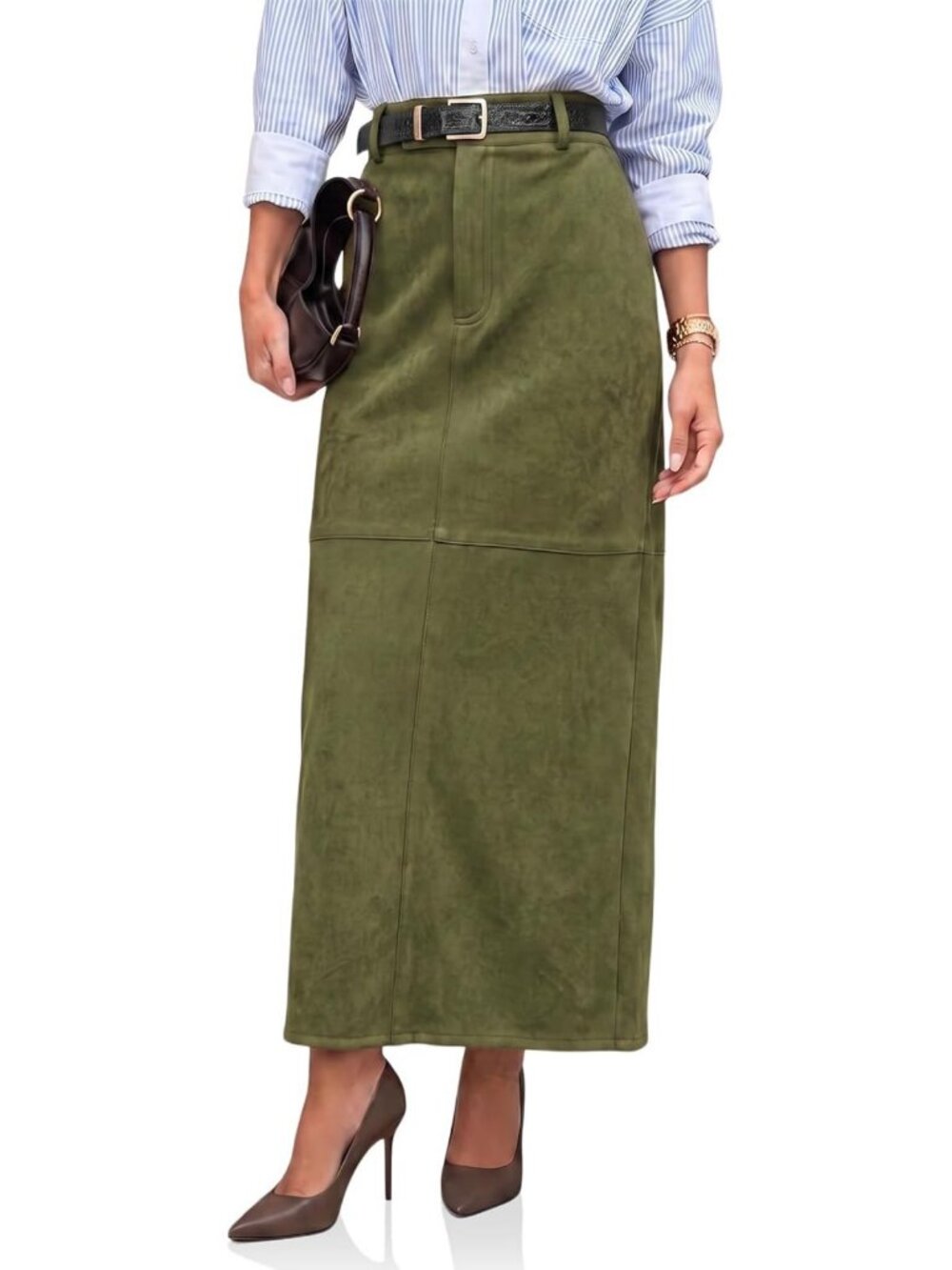 High-Waisted Suede Maxi Skirt with Slit | Stylish Patchwork Pencil Skirt for